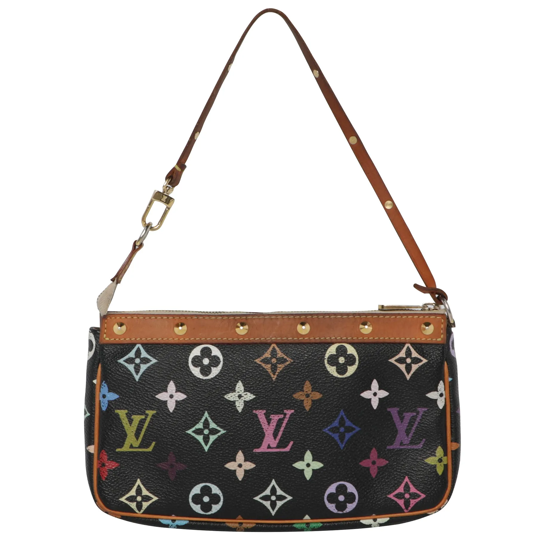 Vtg 2000s Louis Vuitton Takashi Murakami LV Monogram Black Rainbow Leather Pochette Mini Shoulder Bag