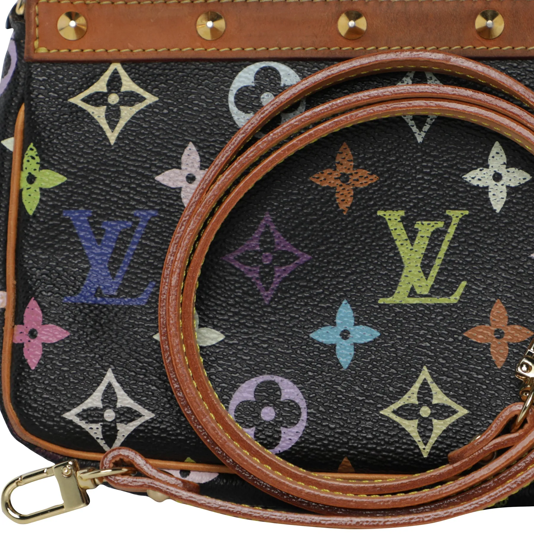 Vtg 2000s Louis Vuitton Takashi Murakami LV Monogram Black Rainbow Leather Pochette Mini Shoulder Bag