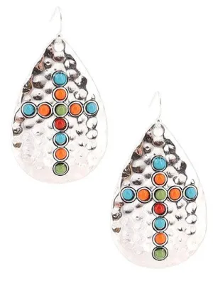 Western Hammered Teardrop with Multi-colored Cross
