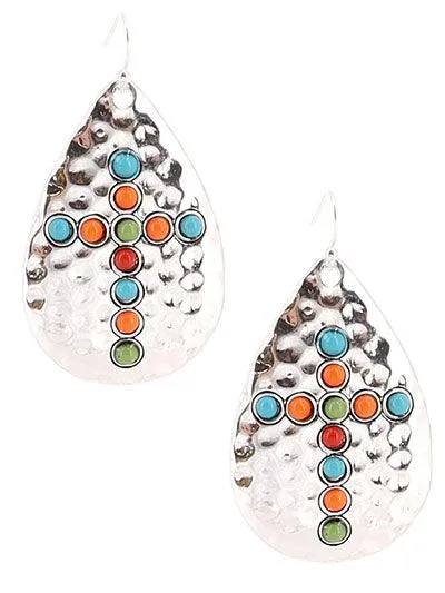 Western Hammered Teardrop with Multi-colored Cross