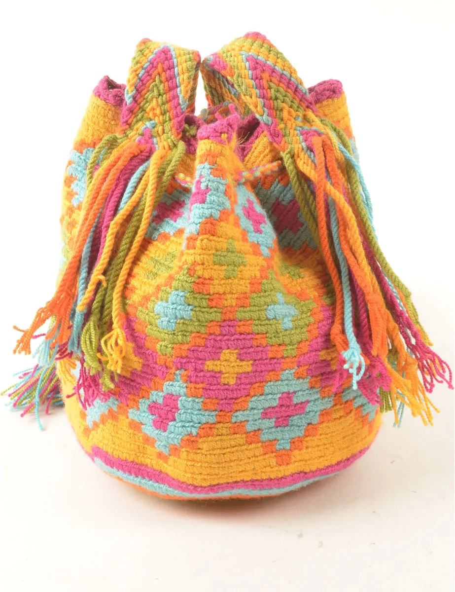 Woven Multi-Colour Pom Pom Detail Bucket Bag - S